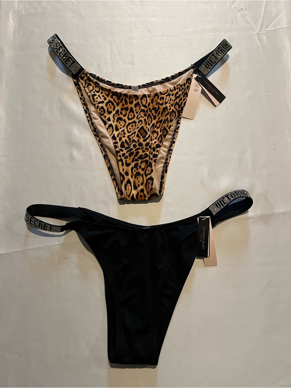 Victoria's Secret Leopard Rhinestone Logo Bikini Swim Bottom set Women's L New